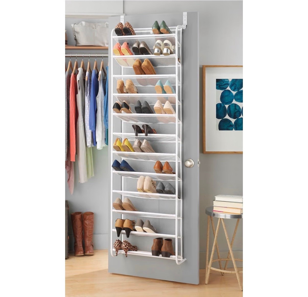 Whitmor 36 Pair Over The Door Shoe Organizer, 12 Tier Hanging Shoe Organizer, Heavy Duty Metal & Mesh Shoe Holder, Hanging Shoe Rack for Closet Organizer & Storage, 74" H x 21.7" W x 7.5" D

Amazon home shoe organization