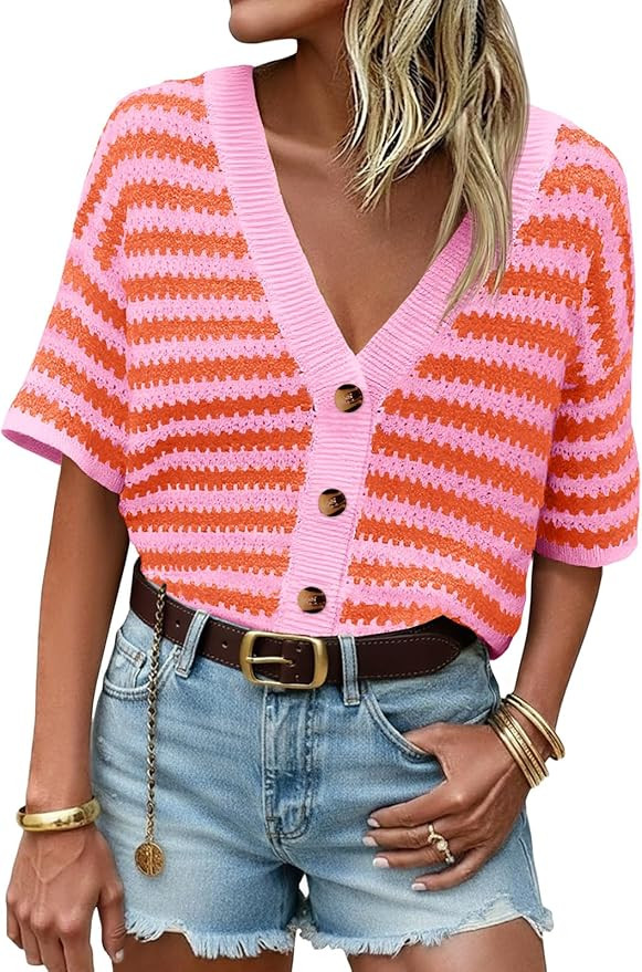 Saodimallsu Womens Short Sleeve Striped Cardigan Sweaters Crochet Knit Button Down Shirts V Neck ... | Amazon (US)
