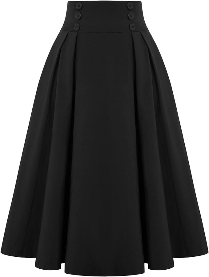 Belle Poque Women's Vintage High Waist Pleated Midi A-Line Skirt with Pockets | Amazon (US)