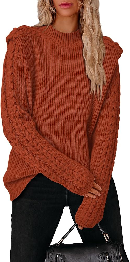 BTFBM Women's 2023 Fall Long Sleeve Sweater Crew Neck Solid Cable Knit Chunky Casual Oversized Sw... | Amazon (US)