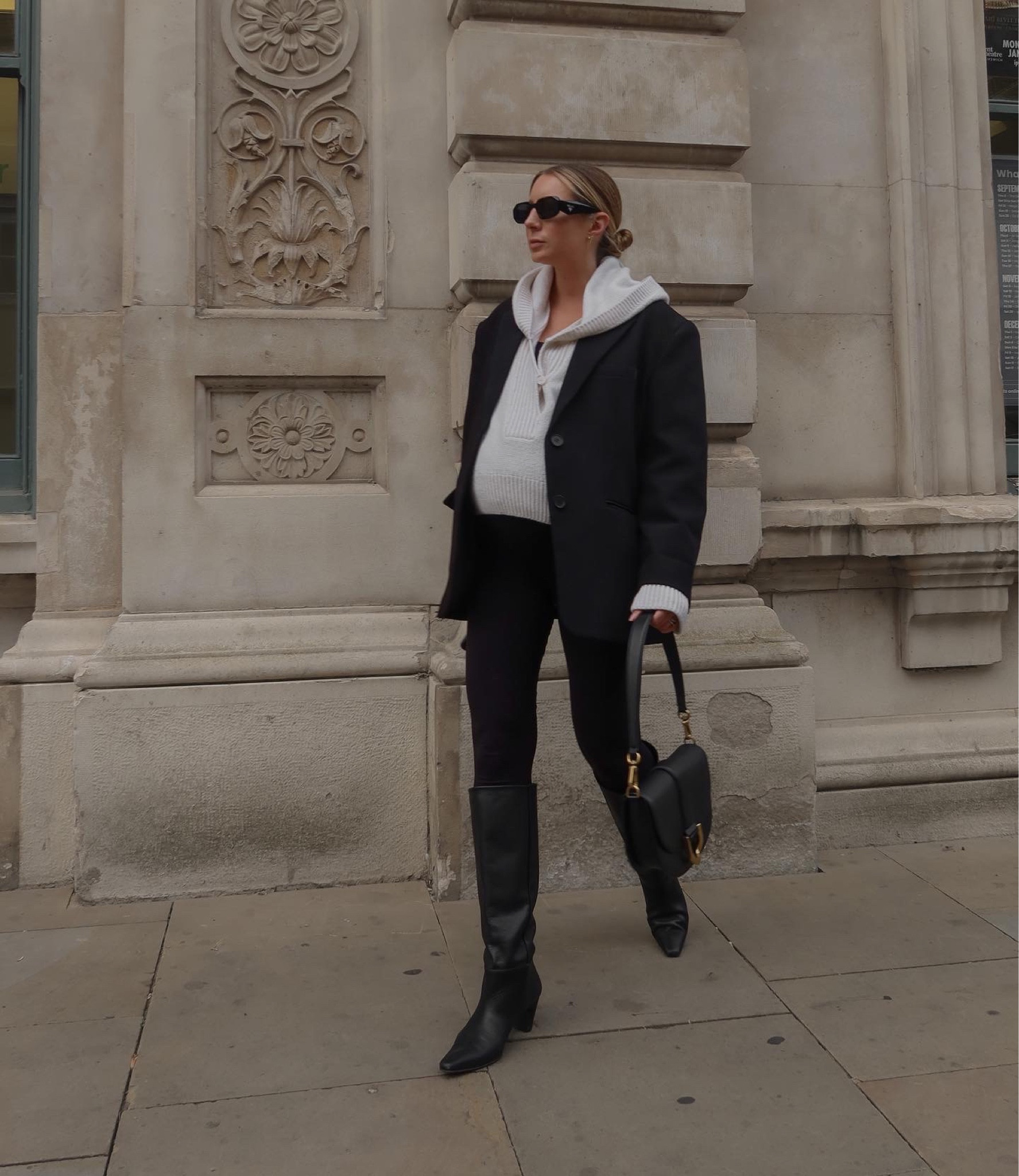 Knee high boots, black blazer, black leggings, saddle bag, black handbag, knitted hoodie, knitted jumper, cowboy boots, Isabel marant, prada sunglasses, pregnancy leggings 

#LTKSeasonal #LTKshoecrush #LTKbump