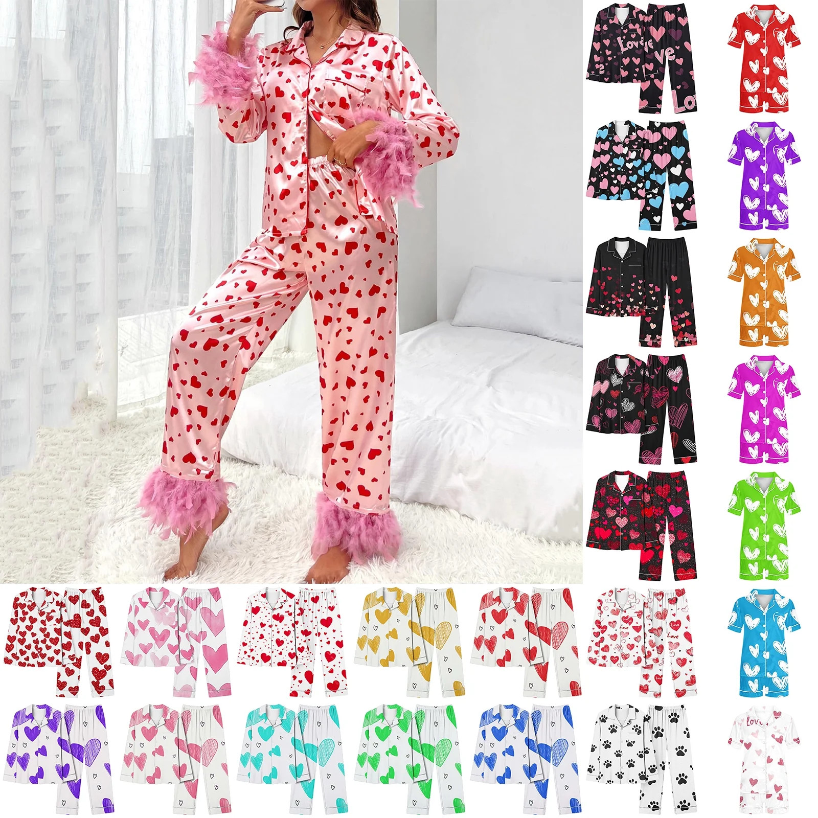 Aobny Soft Womens Pajamas Button Up Pink Satin Valentine's Day Collared Short Sleeve Long Sets Pj... | Walmart (US)