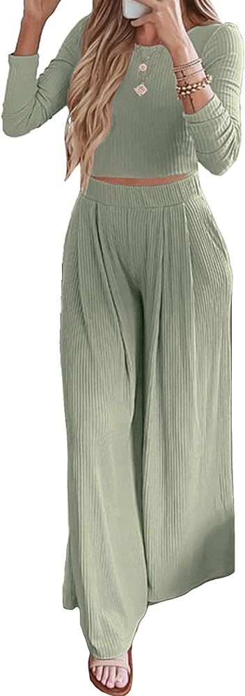 BTFBM Women's Two Piece Lounge Set Long Sleeve Bodycon Ribbed Knit Crop Top Loose Wide Leg Pant C... | Amazon (US)