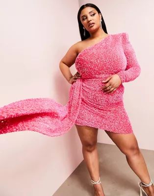 ASOS LUXE Curve one shoulder asymmetric draped mini dress in pink sequin | ASOS (Global)