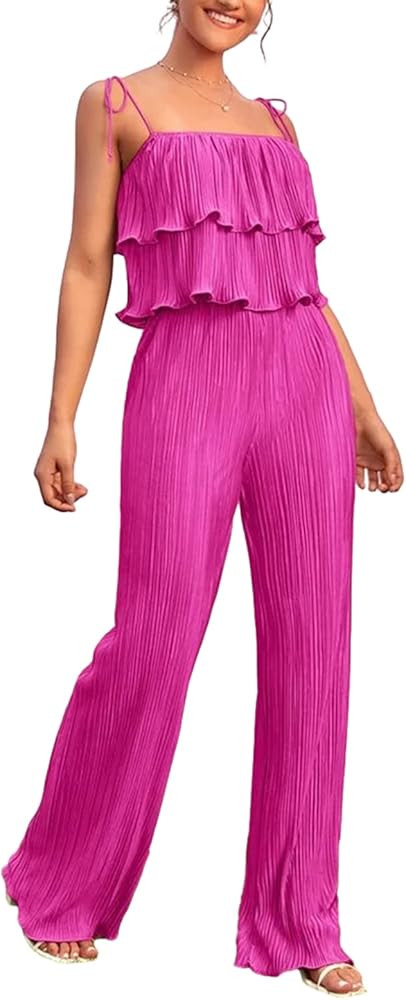 Women 2 Piece Plisse Pants Outfits Y2k Strapless Backless Tube Top Matching Set Chic Cami Wide Le... | Amazon (US)