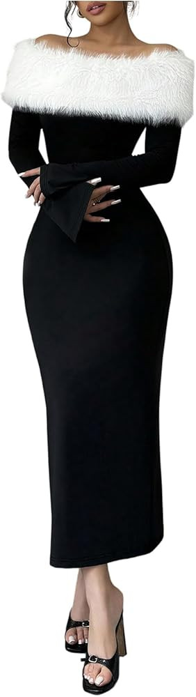 Floerns Women's Faux Fur Off The Shoulder Dress Color Block Long Sleeve Maxi Prom Dresses | Amazon (US)