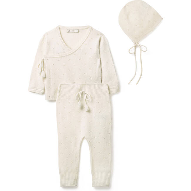 Pointelle Wrap Top, Leggings & Bonnet Set, Snow White | Maisonette