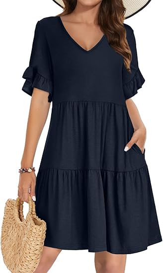 Summer Dresses for Women 2026 Loose V Neck Ruffle Sleeve Tiered Flowy Casual A Line Mini Beach Dr... | Amazon (US)