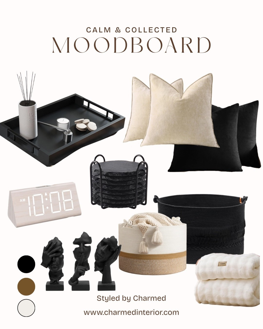 Calm, collected, and effortlessly elevated. 🤍🖤

This mood board brings together soft textures, bold black accents, warm neutrals, and functional decor to create a space that feels polished, cozy, and timeless. Every piece was selected to help you achieve a designer look with ease.


#HomeDecor #StyledByCharmed

#LTKHome #LTKSaleAlert #LTKU