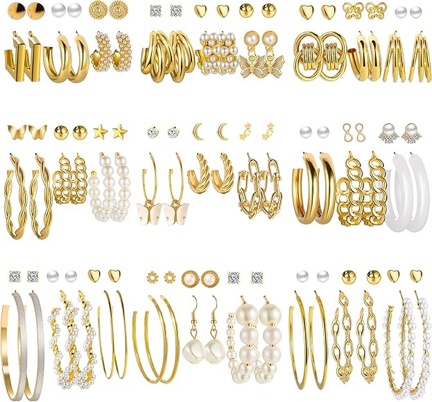 54 Pairs Gold Hoop Earrings Set for Women Multipack, Boho Fashion Statement Stud Hoop Earrings Pack  | Amazon (US)