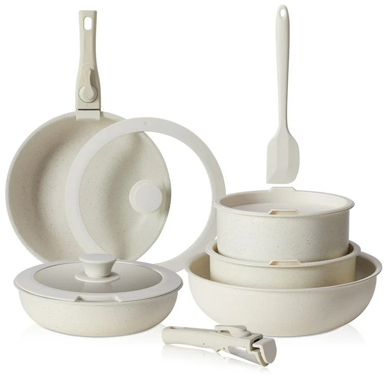 edx 12pcs Non-Stick Cookware Set, Pots and Pans Set with Detachable Handle for Kitchen, Beige | Walmart (US)