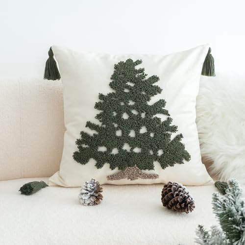 Green Tufted Christmas Tree Throw Pillow Cover, New Year Farmhouse Pillowcase with Tassels, Hand ... | Amazon (US)