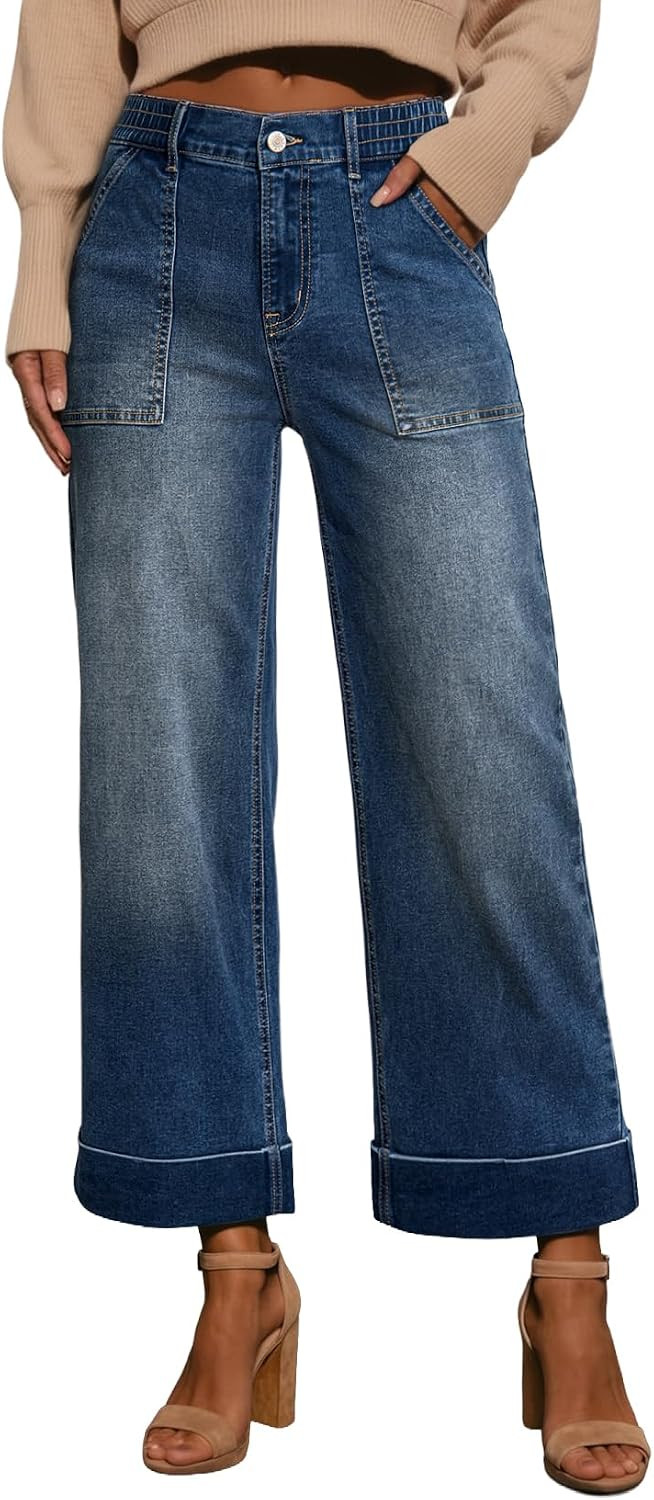 EVALESS Womens High Waist Wide Leg Jeans Cropped Denim Pants with Pockets | Amazon (US)
