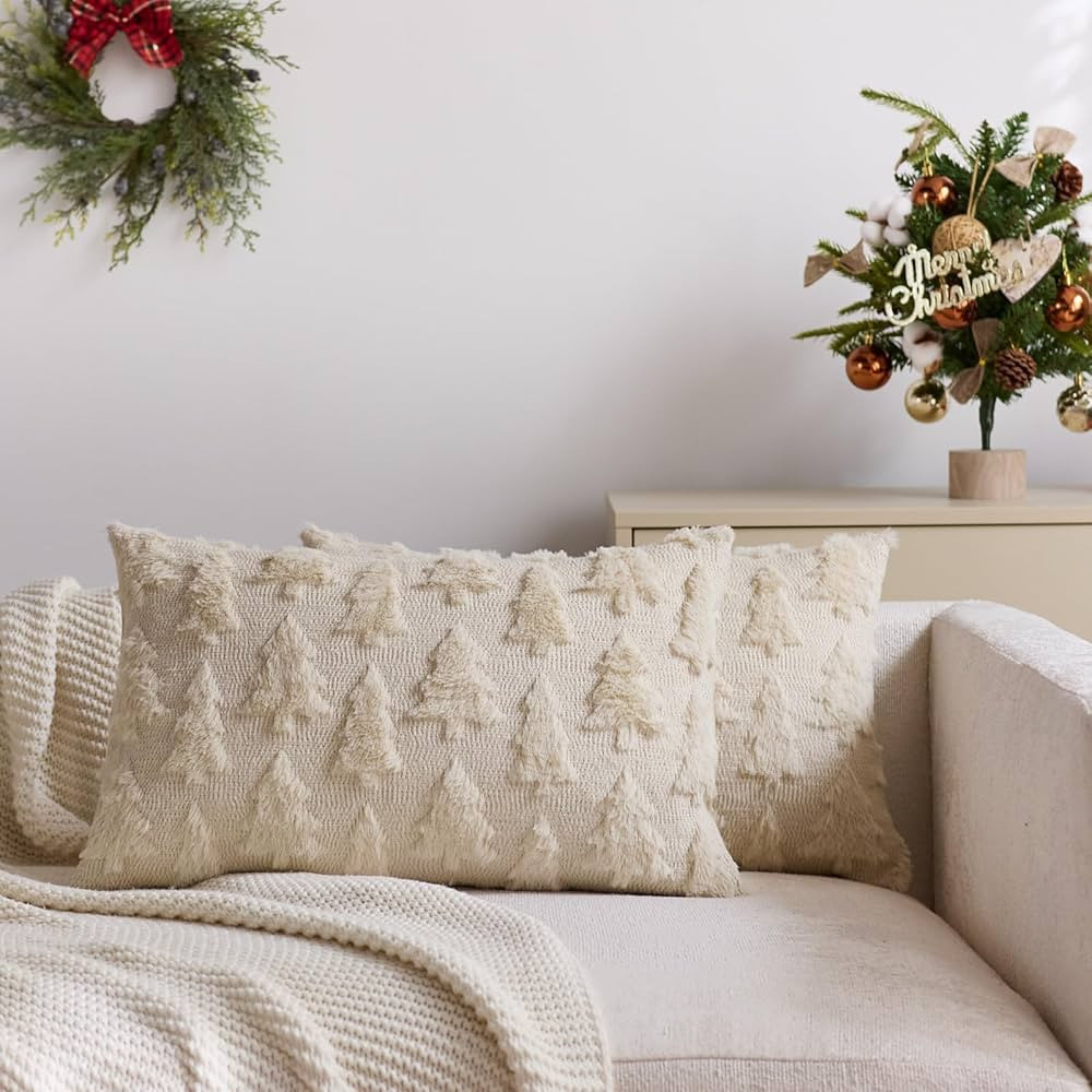 Christmas Pillow Covers 12 x 20 Inch Set of 2 Beige Christmas Trees Shaped Soft Faux Fur Throw Pi... | Amazon (US)