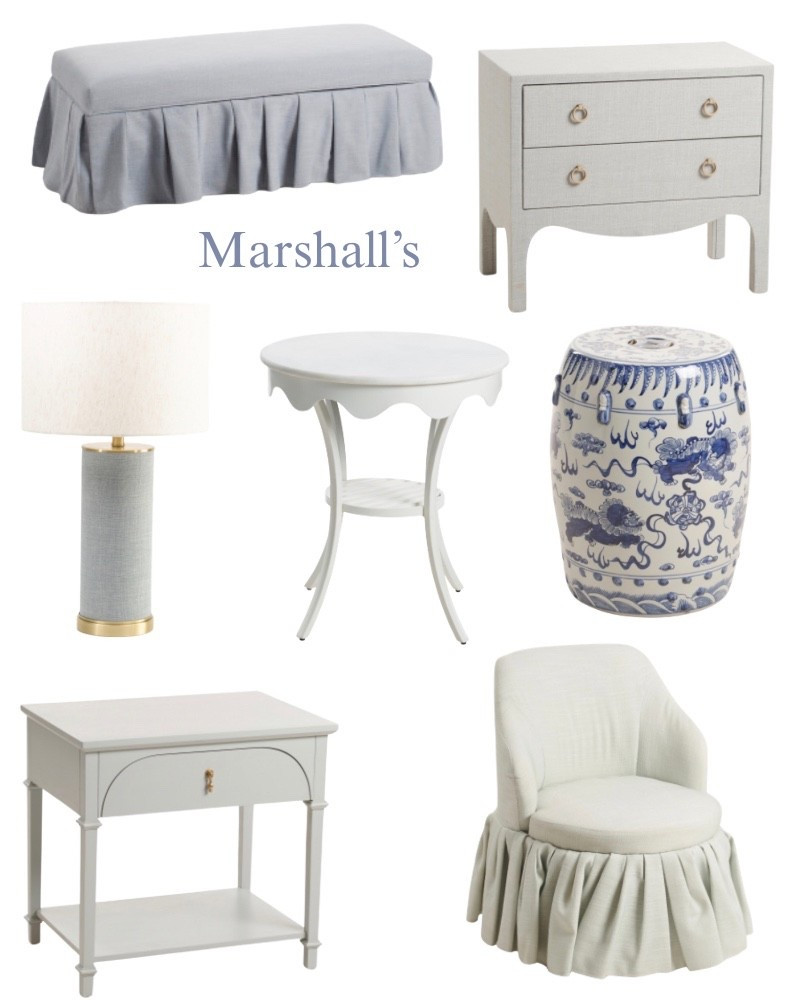 Designer home decor, fines on sale at Marshalls, Lillian, August, side table, pleated storage bench, skirted chair, outdoor side table, blue, and white garden stool, nightstand, table, lamp, French, modern, coastal, girls room, bedroom, living room, office, entry, hallway.

#LTKHome #LTKSaleAlert