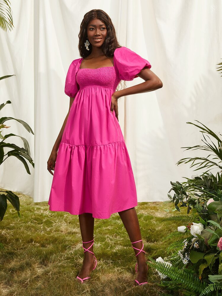 SHEIN NEWNESS Puff Sleeve Shirred Bodice Ruffle Hem Dress | SHEIN