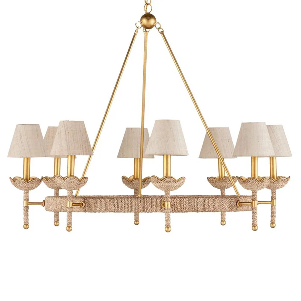 Bellatrix French Country Natural Woven Abaca Gold Iron Chandelier | Kathy Kuo Home