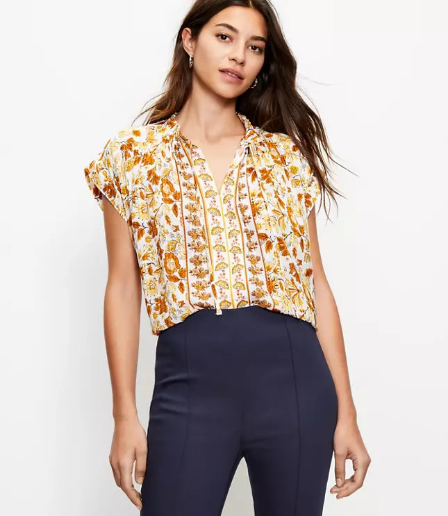 Floral Stripe Split Neck Top | LOFT