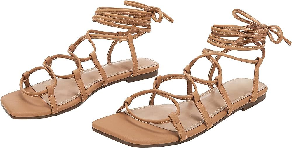 PiePieBuy Womens Lace up Square Toes Flat Sandals with Ankle Strap Summer Criss-Cross Gladiator S... | Amazon (US)