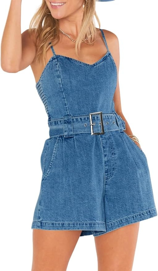 PLNOTME Women's Casual Summer Denim Romper Sleeveless Spaghetti Strap Loose Shorts Jean Jumpsuit | Amazon (US)