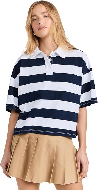 Women's Navy Rugby Stripe Short Sleeve Boxy Polo | Amazon (US)