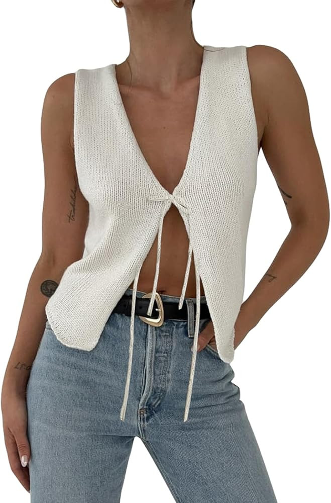 Women Crochet Knit Vest Top Y2k V Neck Sleeveless Vintage Hollow Out Crop Tops Summer Casual Stre... | Amazon (US)