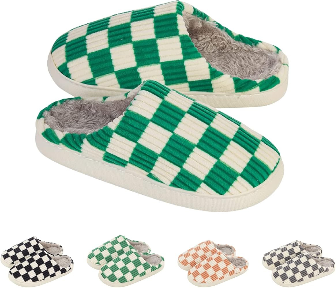Yueerlu House Slippers for Women Men, Mens Slippers on Fuzzy House Slippers Memory Foam Checkered... | Amazon (US)