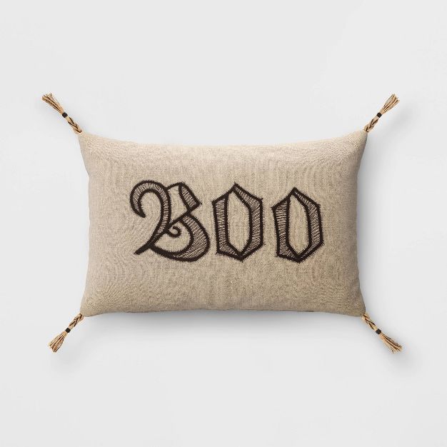 Embroidered &#39;BOO&#39; Lumbar Throw Pillow Linen/Black - Threshold&#8482; | Target