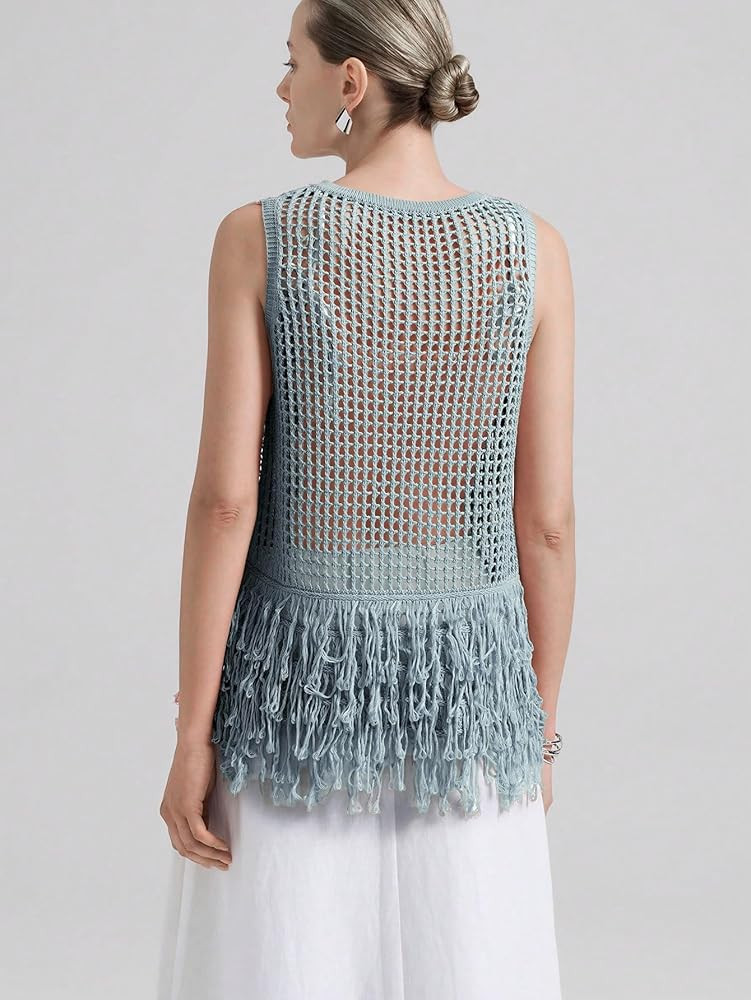 Milumia Women's Hollow Out Fringe Knitted Tank Top Sexy Sheer Sleeveless Long Sweater Vests | Amazon (US)