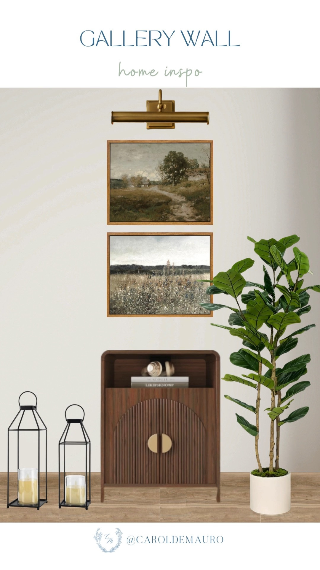 gallery wall, home inspo, accent wall, home decor, wall art, gallery light, console table, faux plant, candle holders, entryway styling, vintage aesthetic, warm and cozy vibe

#LTKHome