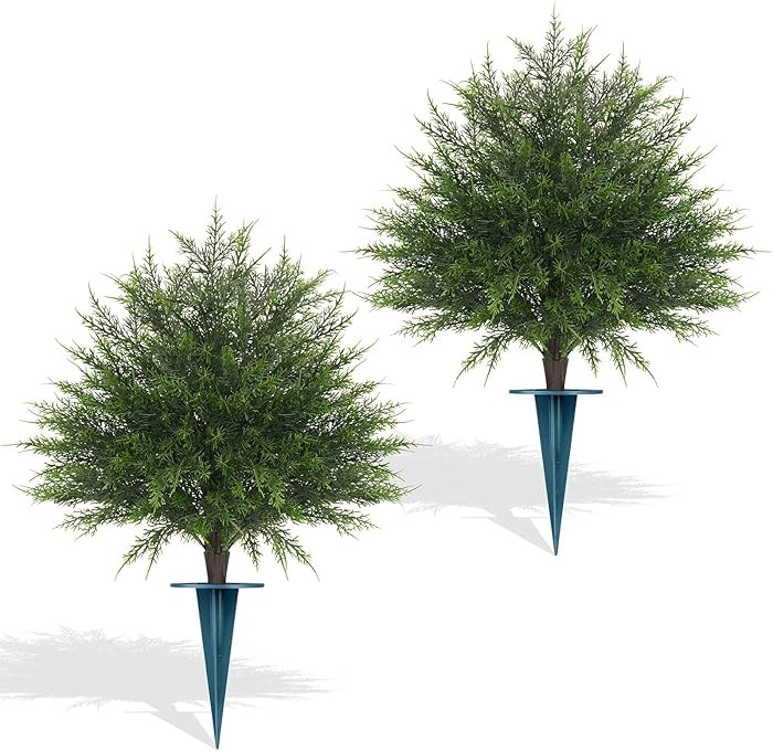 23" Artificial Cedar Topiary Ball Trees with Spike, Set of 2 UV Resistant Fake Evergreen Bushes S... | Amazon (US)