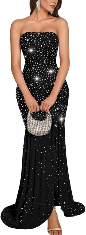 Kaei&Shi Rhinestone Maxi Dress,Tube Drop Waist Formal Dresses with Slit,Sparkly Wedding Guest Coc... | Amazon (US)