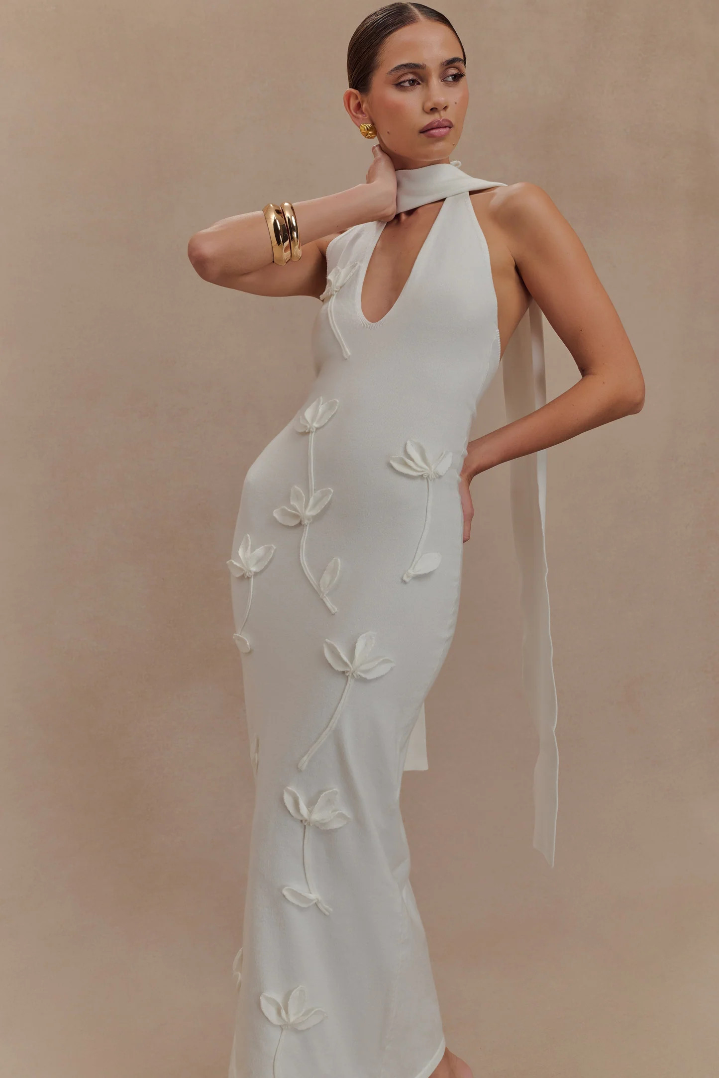 Wynn Floral Knit Midi Dress - White | Meshki UK