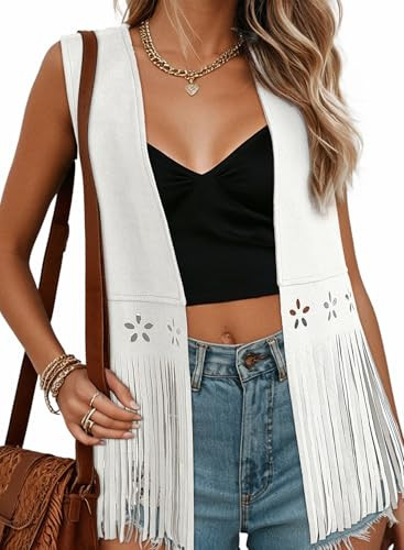 Dokotoo Womens Fashion 2025 Cowboy Chic Fringe Vest Concert Outfits for Women Western Cowgirl Party Hippie 70s 80s 90s Disco Jacket Sleeveless Faux Suede Tassel Leather Fall Clothes White X-Large | Amazon (US)