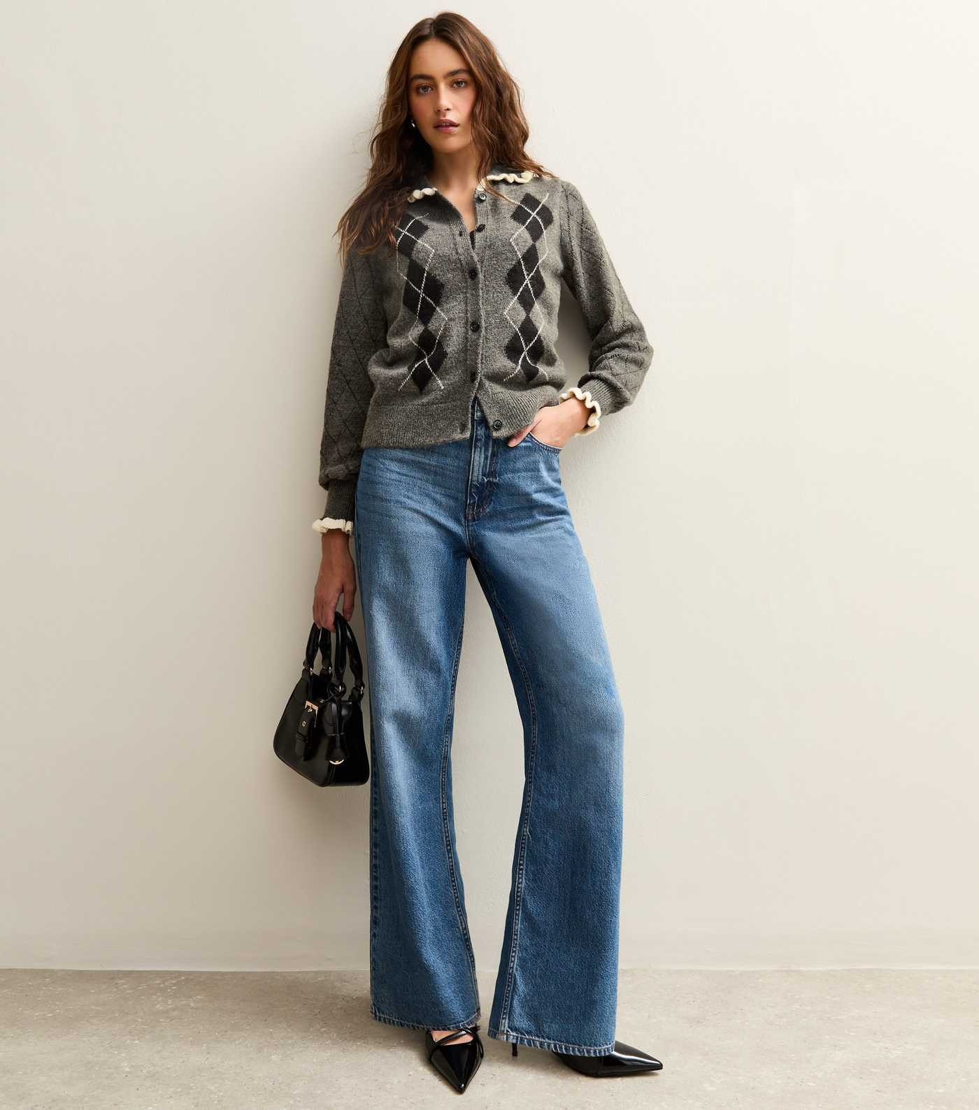 Grey Argyle Print Knit Frill Collar Cardigan | New Look | New Look (UK)