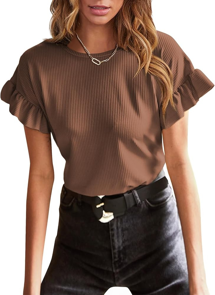 EVALESS Womens Summer Casual Short Sleeve Tops Ruffle Basic T Shirts Round Neck Solid Knit Loose ... | Amazon (US)