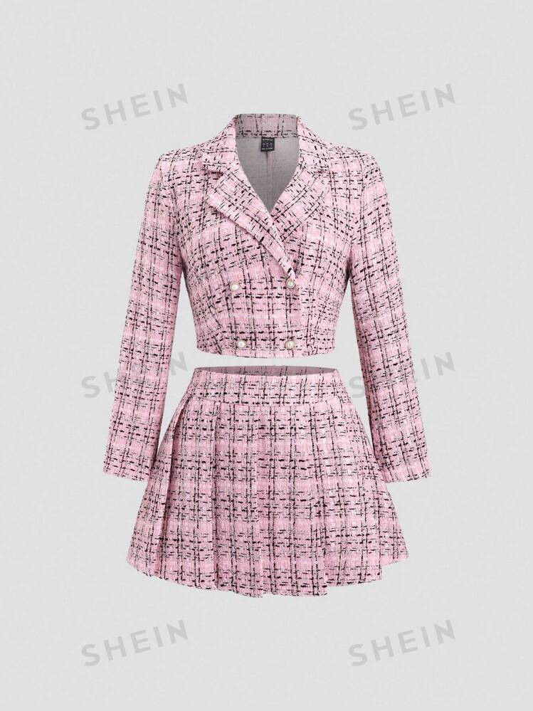 SHEIN Sweetro Women Elegant Plaid Short Jacket And Ruffle Hem Mini Skirt 2 Piece Set, Autumn | SHEIN