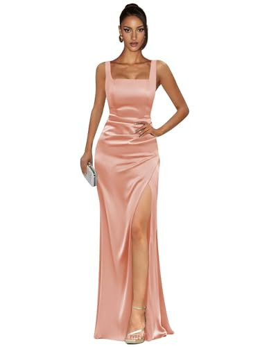 HIZWI Spaghetti Straps Rose Gold Prom Dresses with Slit Pleats for Women Long Mermaid Satin Maxi Evening Cocktail Dress Size 6 | Amazon (US)