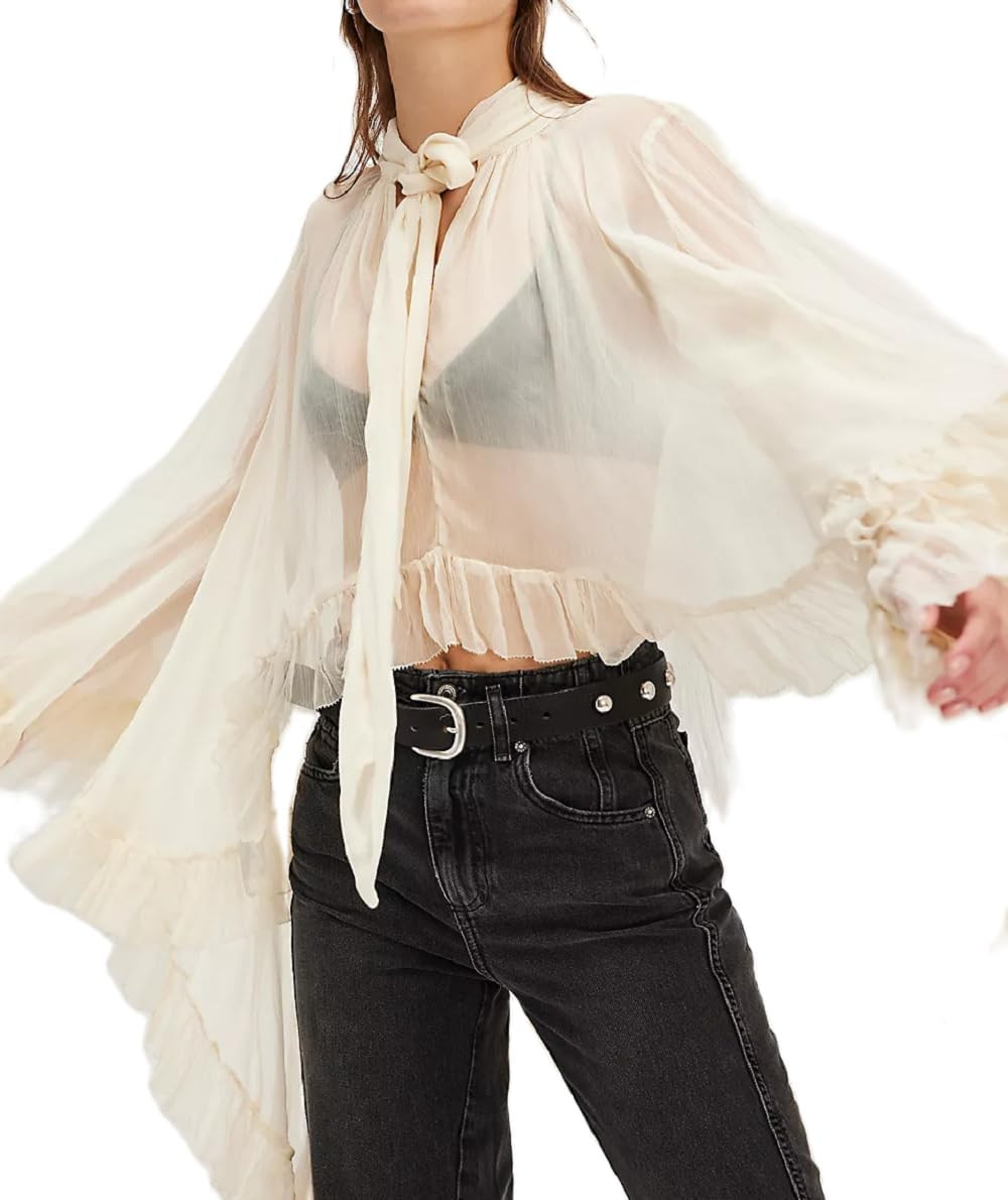 NUFIWI Women's Sheer Ruffle Trim Blouse with Self Tie Neck | Amazon (US)