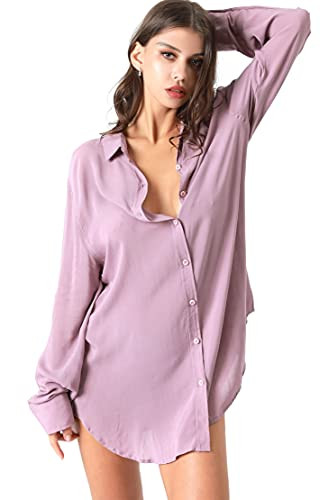 TOUSYEA Sleep Shirts for Women Button Down Shirts Long Sleeve Sleepwear Swimsuit Cover Ups Soft P... | Amazon (US)