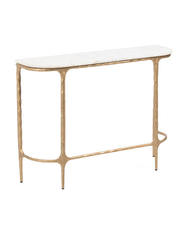 38x10x28 Solid Marble Top And Hammered Iron D Shape Console Table | TJ Maxx