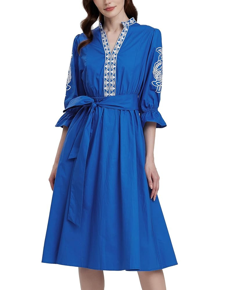 Kedera Womens Midi Summer Dresses Casual 3/4 Sleeve V Neck High Waisted Embroidered Cotton Flowy ... | Amazon (US)