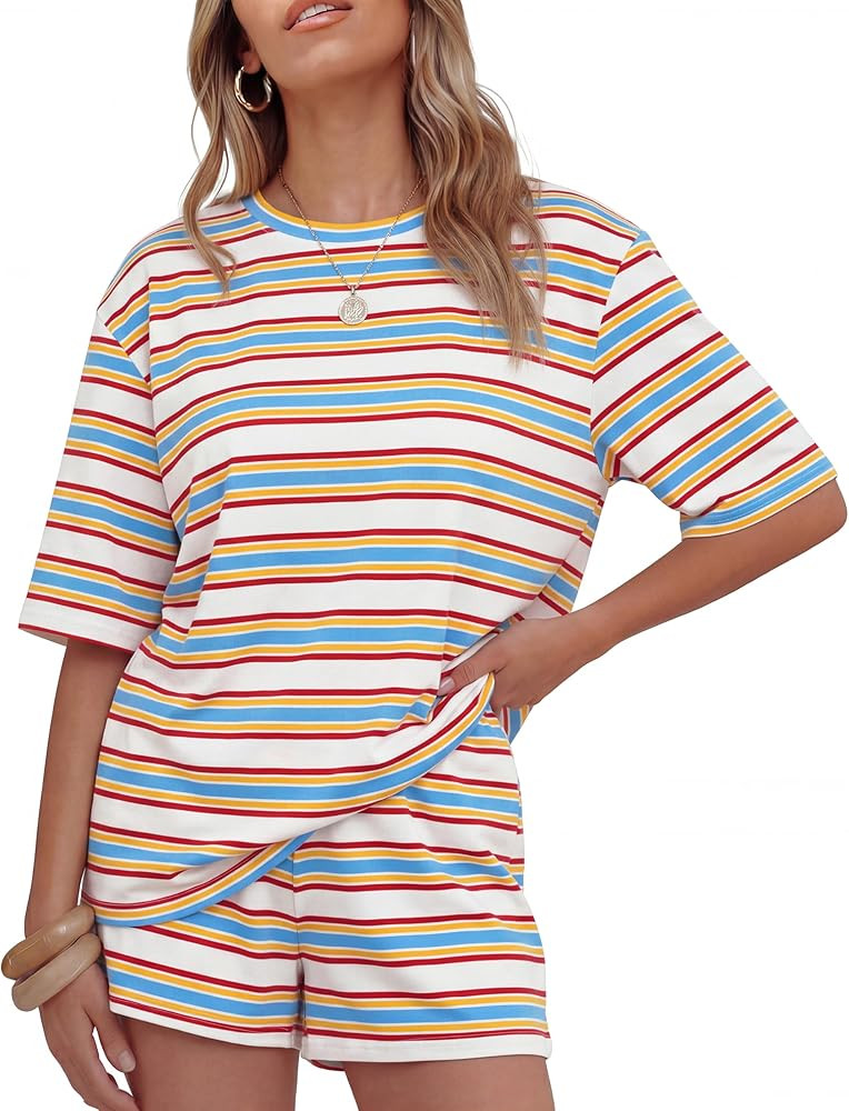 ZESICA Womens Summer 2 Piece Short Sets Striped Oversized Matching Lounge Airport Travel Workout ... | Amazon (US)