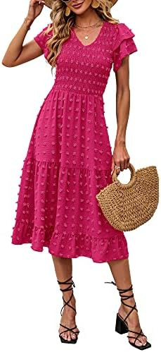 BTFBM Women Casual Summer Short Ruffles Tiered Sleeve Smocked Midi Dresses Bohemian Floral V Neck... | Amazon (US)