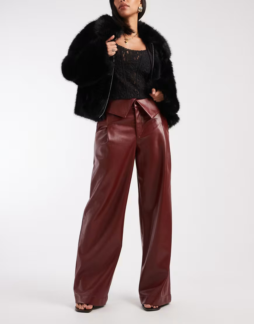 ASOS DESIGN faux leather wide leg trousers with fold over waist detail in burgundy-Red | ASOS (Global)