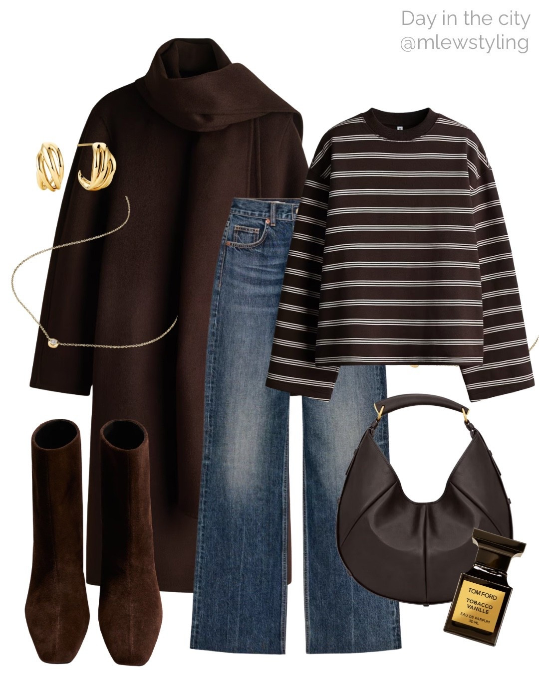 Winter outfit for a day in the city 🤎

Tags: wool scarf coat, striped tee, wide leg jeans, espresso brown ysl bag, brown suede ankle boots, Sephora Tom ford perfume, Mejuri necklace, neutral aesthetic, capsule wardrobe, elevated everyday look 

#LTKgrwm #LTKootd #LTKSeasonal