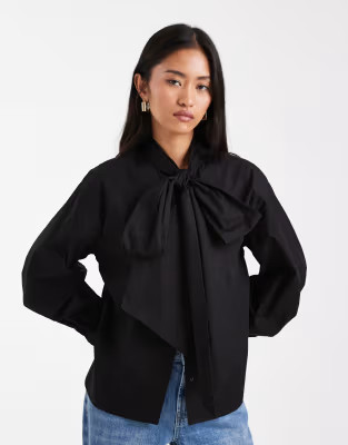 ASOS DESIGN bow neck oversized shirt in black | ASOS | ASOS (Global)