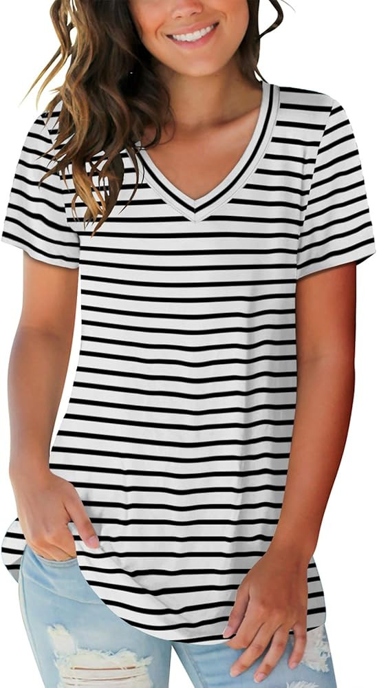 SAMPEEL Women's Basic V Neck Short Sleeve T Shirts Summer Casual Tops | Amazon (US)