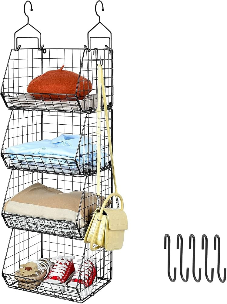 X-cosrack 4 Tier Foldable Closet Organizer, Clothes Shelves with 5 S Hooks, Wall Mount&Cabinet Wi... | Amazon (US)