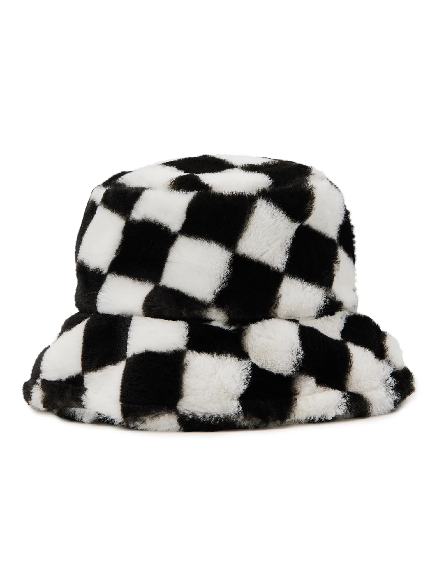 No Boundaries Women's Faux Fur Check Bucket Hat Black Soot | Walmart (US)